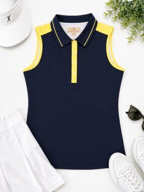Sport Haley Golf Polo Top Sleeveless Navy White Yellow Trim Stretch Preppy M